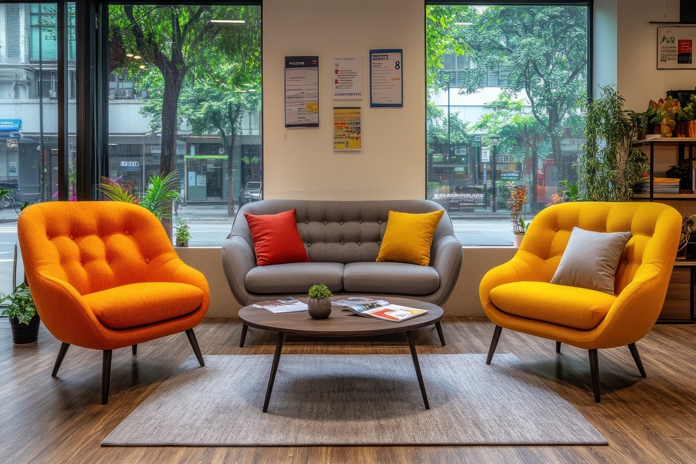 Sala de estar moderna con muebles coloridos y un diseño armonioso que combina tonos cálidos y neutros para crear un ambiente acogedor.